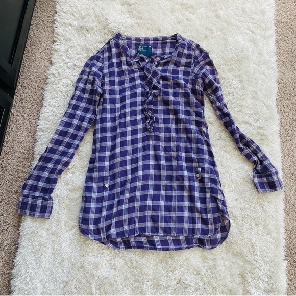 AEO Cotton Plaid Ruffle Neck Long Sleeve Top Purple Size 6 - Picture 1 of 11